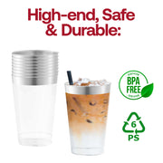 BPA-free 12 oz clear plastic tumblers with a sophisticated metallic silver rim, disposable and durable