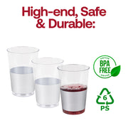 BPA-free 12 oz clear plastic tumblers with a sophisticated metallic silver thick base, disposable and durable