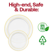 BPA-free 7.5" salad plate with gold rim, perfect for safe and stylish catering service