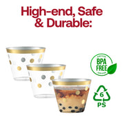 BPA-free 9 oz clear plastic party cups with a sophisticated gold dot design, disposable and durable