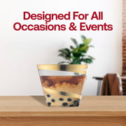 BPA-free 9 oz clear plastic party cups with a sophisticated gold swirl design