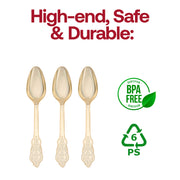 BPA-free Baroque-style gold plastic spoons, safe and durable for food service