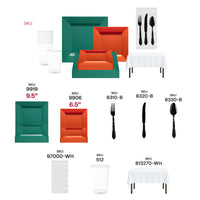 BPA-free Green and Orange set includes tablecloths, napkins, cups, and black cutlery.