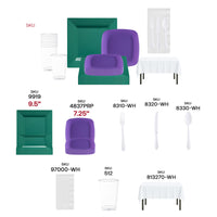 BPA-free Green and Purple disposable set includes cups, napkins, tablecloths, and cutlery.