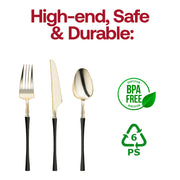 BPA-free Moderno disposable plastic cutlery set with gold heads and black handles, stylish and safe for dining, pack of 240