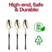 BPA-free Moderno gold plastic dinner spoons with black handles, safe for elegant dining and events.