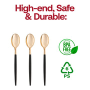 BPA-free Moderno gold plastic dinner spoons with black handles, safe for elegant dining and events