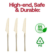 BPA-free Moderno gold plastic knives, 8.8 inches, safe, stylish, and perfect for fine dining occasions