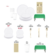 BPA-free White, Green, and Gold dinnerware designed for tailgates, watch parties, or banquets.