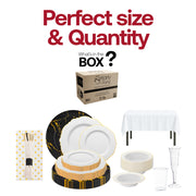 BPA-free and recyclable Golden Hour Package offering eco-conscious wedding elegance with coordinated gold-accented tableware