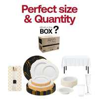 BPA-free and recyclable Golden Hour Package offering eco-conscious wedding elegance with coordinated gold-accented tableware