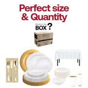 BPA-free and recyclable party set with white and gold details for sustainable hosting.