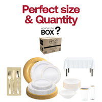 BPA-free and recyclable party set with white and gold details for sustainable hosting.