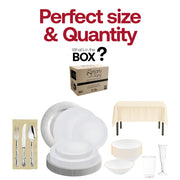 BPA-free and recyclable white with silver dinnerware ideal for eco-conscious celebrations.