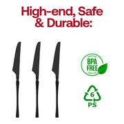 BPA-free black Moderno disposable plastic dinner knives, 8.8 inches long, food-safe and eco-conscious, pack of 480.