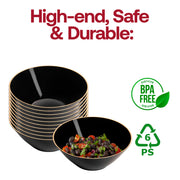 BPA-free black disposable dessert bowls with a gold rim, 6 oz round design