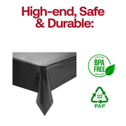 BPA-free black disposable plastic tablecloth, 54 x 108 inches, offering safe and eco-friendly coverage for event tables.