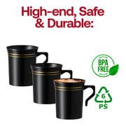 BPA-free black plastic coffee mugs with gold rim detailing, round shape, 8-ounce size, perfect for serving hot drinks