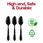 BPA-free black plastic dinner spoons featuring ornate Baroque-style handles, measuring 8.25", in a case of 480