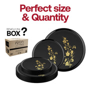 BPA-free black plastic plates with gold floral rim designed for stylish, safe, and stress-free serving
