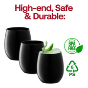 BPA-free black plastic stemless wine glasses, 12 oz, safe and stylish for elegant dining and special occasions