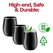 BPA-free black plastic stemless wine glasses with an elegant silver rim, 12 oz capacity, sold in a 64-pack