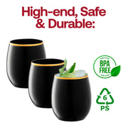 BPA-free black plastic stemless wine glasses with gold detailing, 12 oz, safe and stylish for elegant dining and entertaining