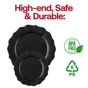 BPA-free black round lotus plastic dinner plates, 10.25-inch size, sold in a convenient 120-piece set for easy entertaining