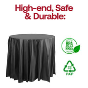 BPA-free black round plastic tablecloths, 84-inch disposable design, food-safe and convenient, sold in a bulk pack of 96.