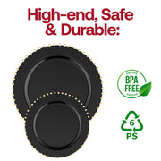 BPA-free black round salad plates with a gold pearl string design, made from disposable plastic