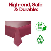 BPA-free burgundy disposable plastic tablecloth, 54 x 108 inches, offering safe and eco-friendly coverage for event tables.