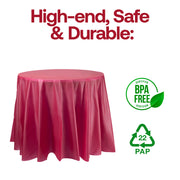 BPA-free burgundy round plastic tablecloths, 84-inch disposable design, food-safe and convenient for events, pack of 96.