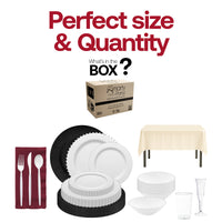 BPA-free champagne flutes and clear cups complementing ivory tablecloths for receptions.