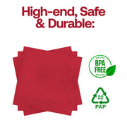 BPA-free classic red beverage napkin made from food-safe paper, 10 x 10 inches, included in a 600-count case