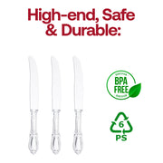 BPA-free clear Baroque plastic dinner knives, 9 inches long, disposable and sturdy for weddings, catering, and special events; pack of 480