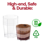 BPA-free clear octagon dessert cups, 5.5 oz capacity, 3" size, disposable for individual servings, 288 cups per case.