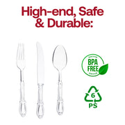 BPA-free clear plastic Baroque cutlery set, durable and safe for dining at events and gatherings