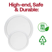 BPA-free clear plastic dinnerware set, including 120 dinner plates and 120 salad plates, safe for serving meals at events