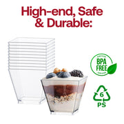 BPA-free clear plastic mini verrine cube cups, 2 oz capacity, 2" x 2" size, ideal for single servings of desserts or appetizers, 240 cups per case.