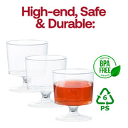 BPA-free clear plastic mini wine glasses, 2 oz, safe and durable for serving wine, cocktails, and dessert shots at gatherings