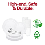 BPA-free clear plastic plates and tumbler with silver cutlery, highlighting premium quality, food safety, and elegant disposable design