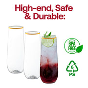 BPA-free clear plastic stemless champagne flutes with an elegant gold rim, 9 oz capacity, sold in a 64-pack