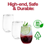 BPA-free clear plastic stemless wine glasses, 12 oz, featuring a stylish silver accent, safe for all occasions