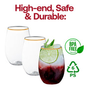 BPA-free clear plastic stemless wine glasses with an elegant gold rim, 16 oz capacity