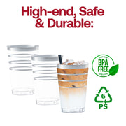 BPA-free clear plastic tumblers with elegant silver stripes, 12 oz capacity, and disposable convenience