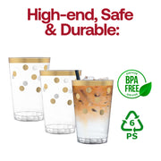 BPA-free clear plastic tumblers with gold dot design, 12 oz capacity, stylish and safe for drinks
