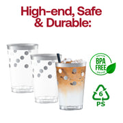 BPA-free clear plastic tumblers with silver dots, 12 oz capacity, stylish and safe for drinks