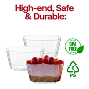BPA-free clear rectangular pudding cups, 5.5 oz capacity, 3.5" x 3.5" size, disposable for serving desserts, 288 cups per case.