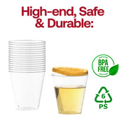 BPA-free clear round plastic shot glasses, 2 oz capacity, safe for serving beverages, lightweight