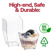 BPA-free clear small square disposable cups, 3.5 oz capacity, 2.25" x 2.25", perfect for individual servings, 288 cups per case.